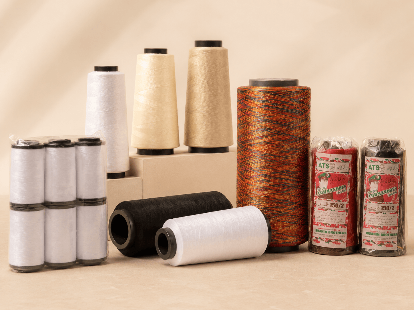 Assorted sewing thread spools